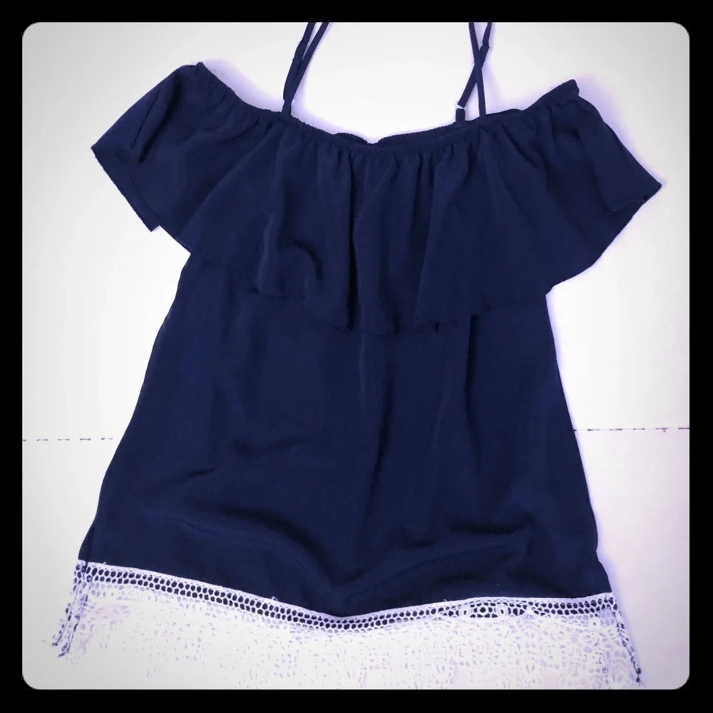 Navy off shoulder top with white lace trim